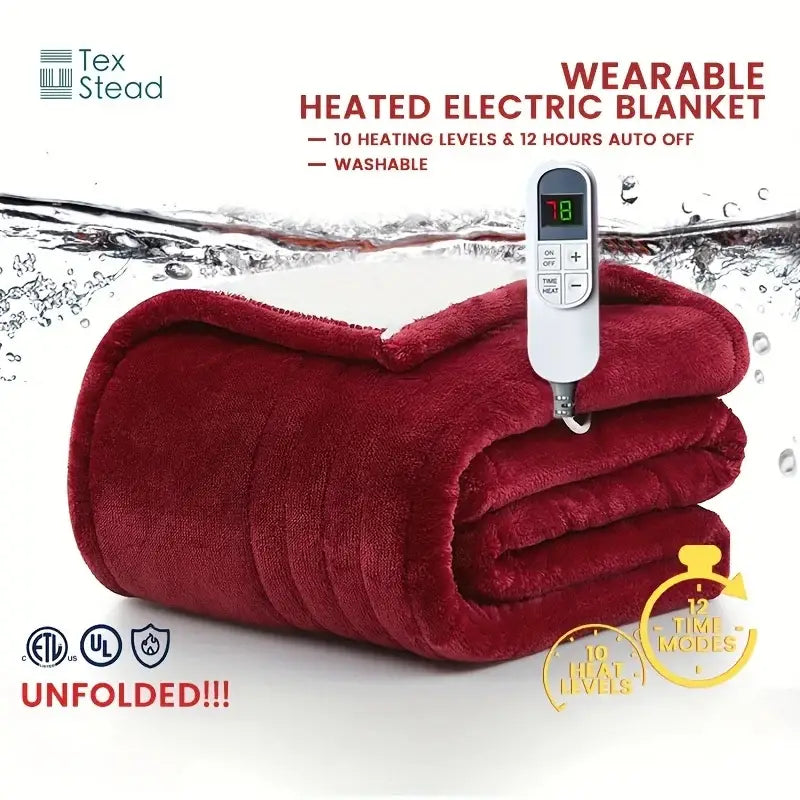 Plush deep red electric heated blanket bedroom throw with auto shut