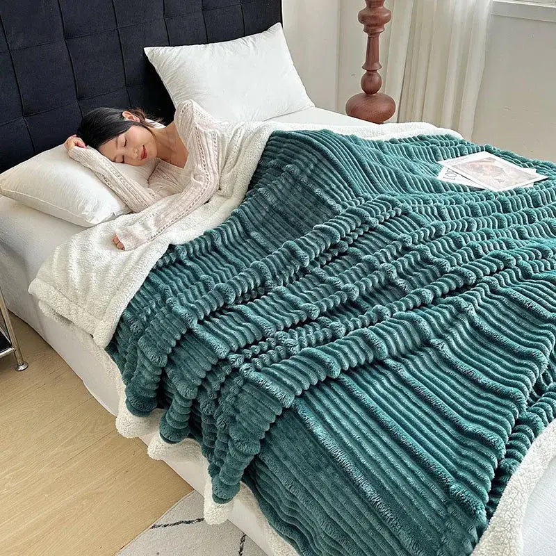 Plush gray & white ribbed sherpa blanket bedroom cozy lamb wool