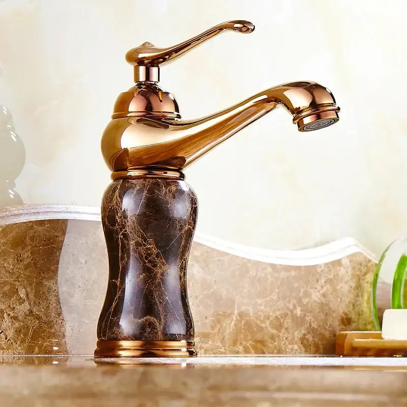 Polished brass and brown golden marble bathroom sink faucet