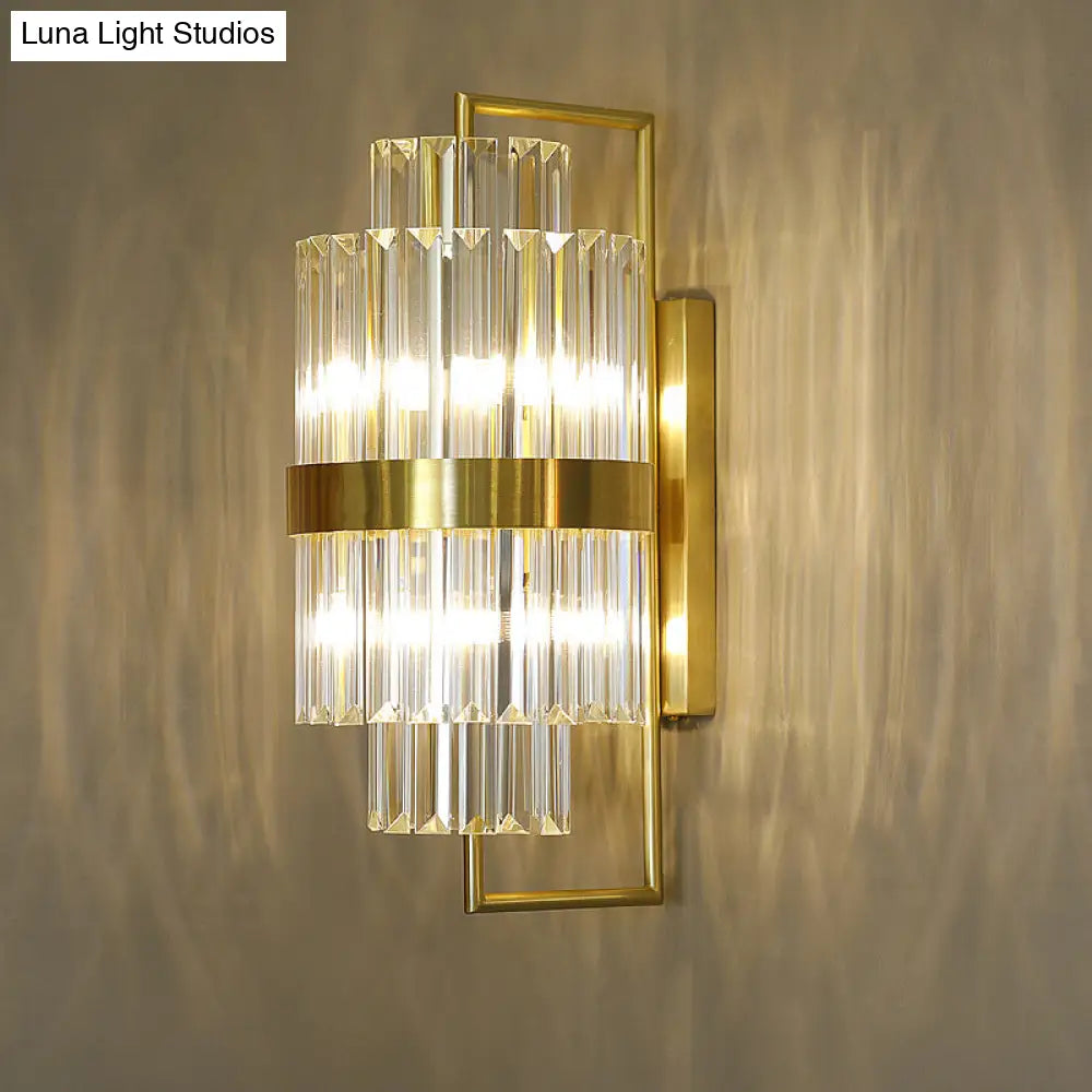 DecorBites™ Postmodern Crystal Block Wall Sconce in Gold with 2 Cylinder Lights - Ideal for Corridors