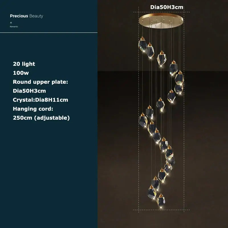 Postmodern crystal stone copper chandelier for staircase lighting