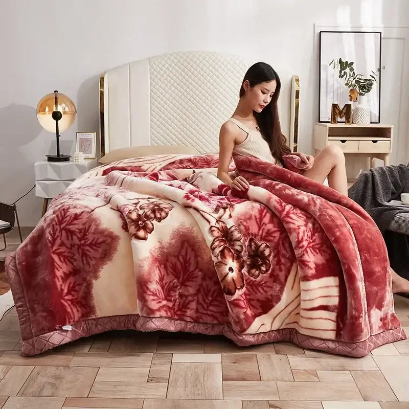 Purple & cream double layer raschel blanket bedroom throw