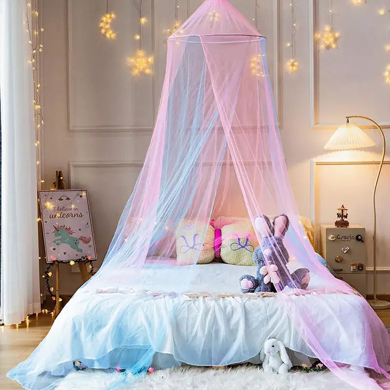Rainbow pastel hanging mosquito nets with star lights bedroom canopy