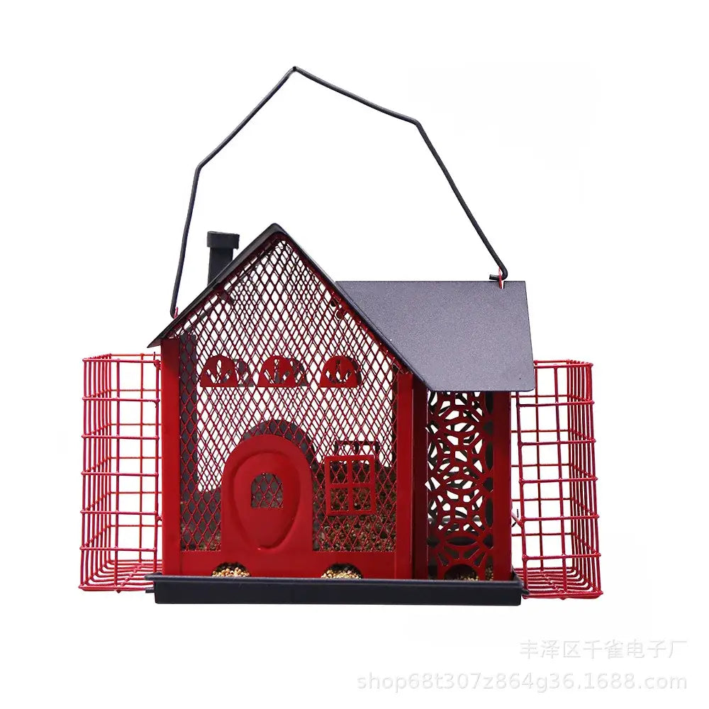 Red and black hanging metal bird feeder garden mesh suet house
