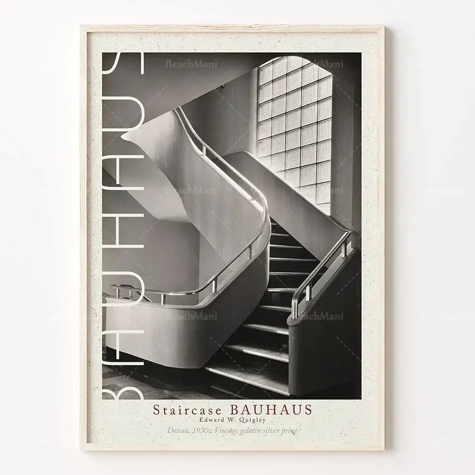 Retro black & white bauhaus stairs canvas print living room wall art