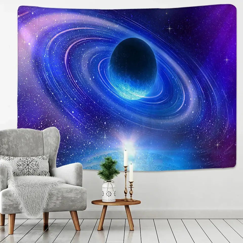 Retro galaxy sky blue planet tapestry bedroom cosmic wall decor