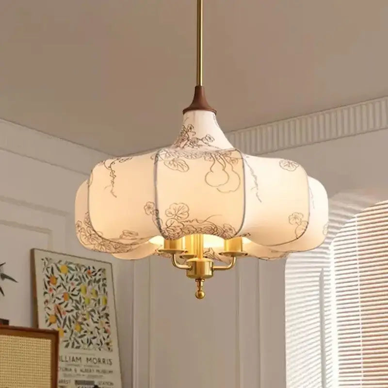 Retro gold lustre cream floral pendant lights for bedroom decor
