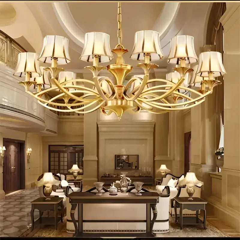 Retro golden copper villa chandelier staircase cream lampshades