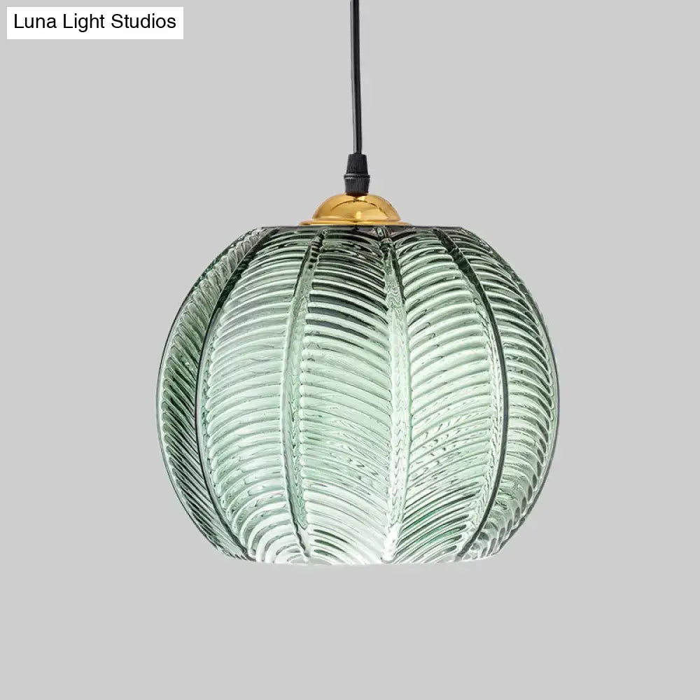Retro green ribbed glass pumpkin dinette pendant lamp dining room