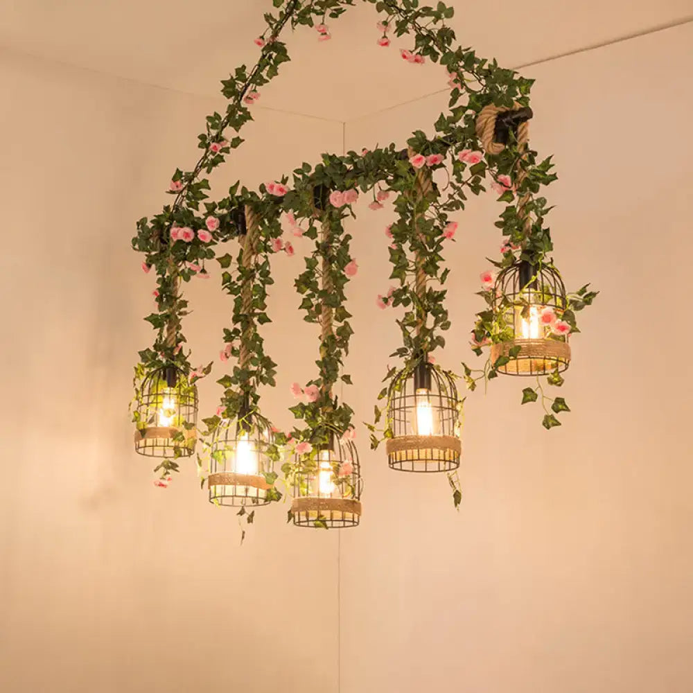 Retro metal ivy and rope pendant light kitchen island fixture