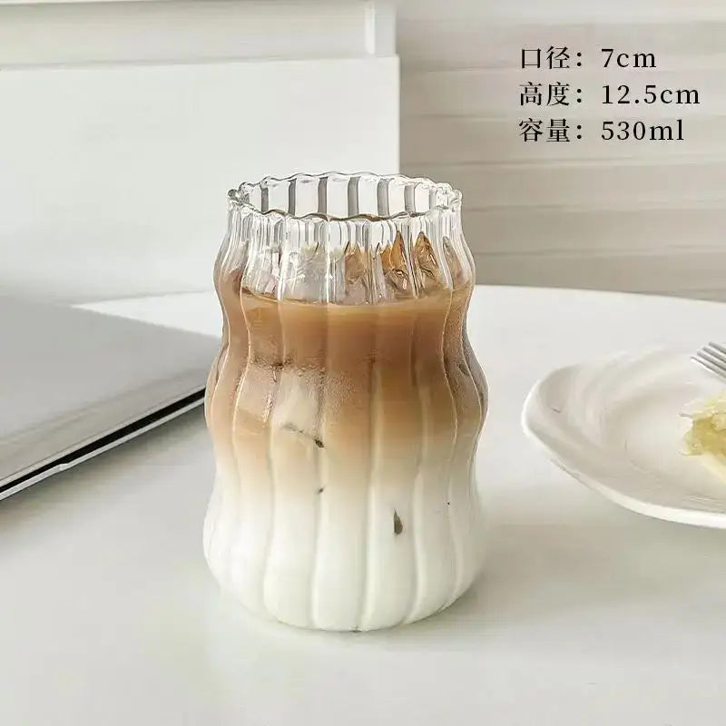 Ribbed glass cup with bamboo lid and straw kitchen tumbler