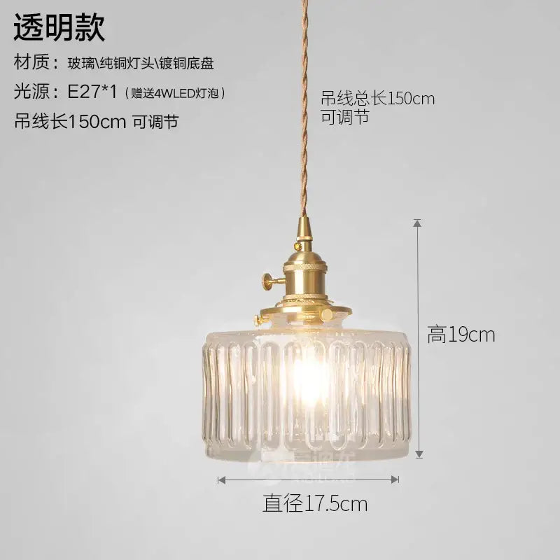 Ribbed green glass pendant light bedroom brass hardware