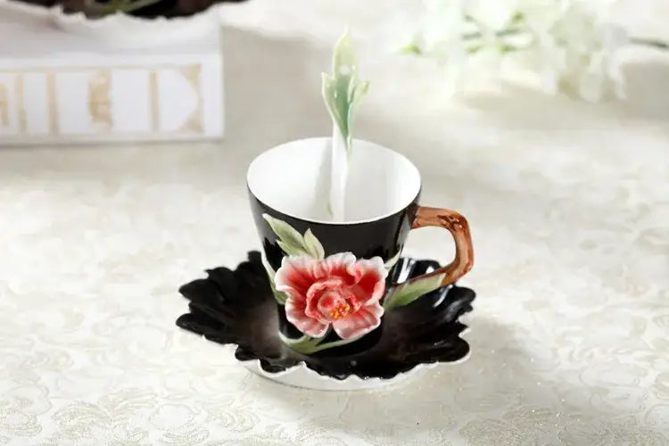 Rose peony floral ceramic teacup set with spoons for dining room