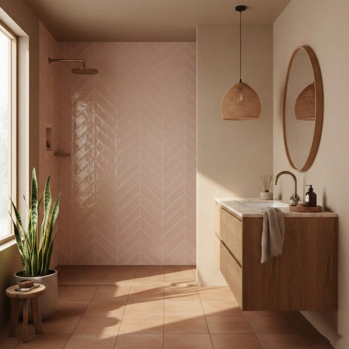 Blush Glossy Chevron Ceramic Tiles 2x6