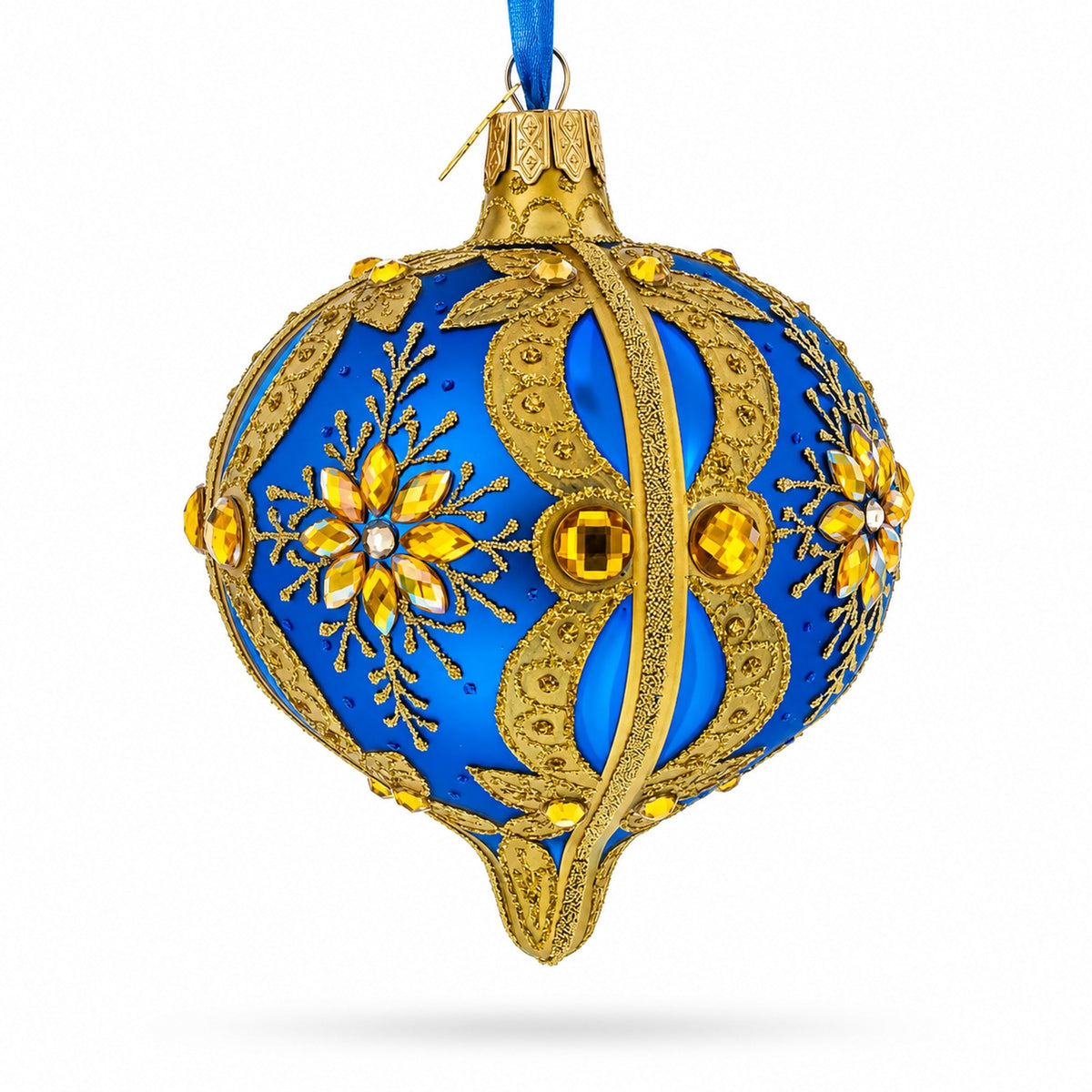 Blue and Gold Jeweled Floral Burst Onion-Shape Finial Glass Christmas Ornament
