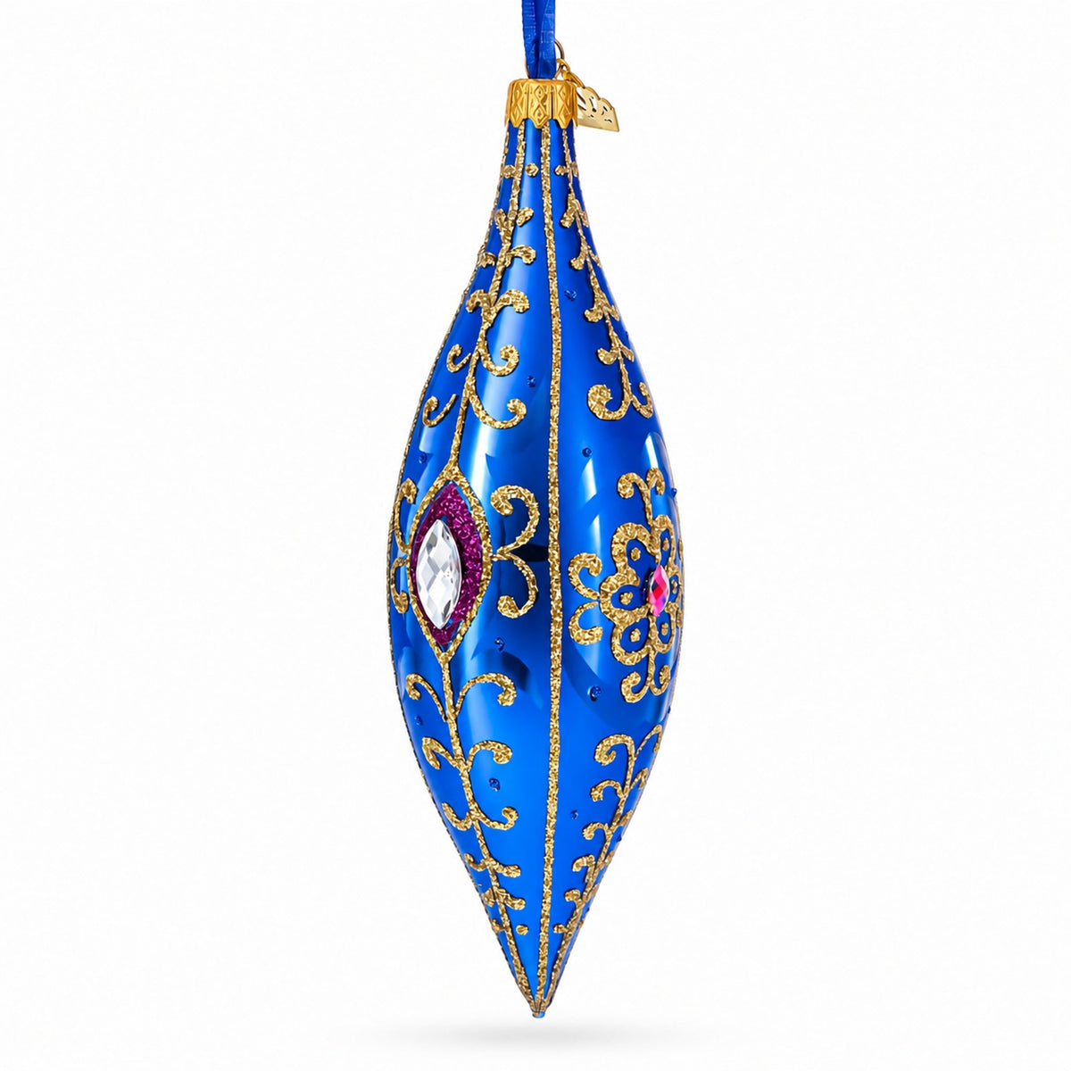 Royal Blue Jewel Scroll Elongated Pointed Teardrop Finial Glass Christmas Ornament