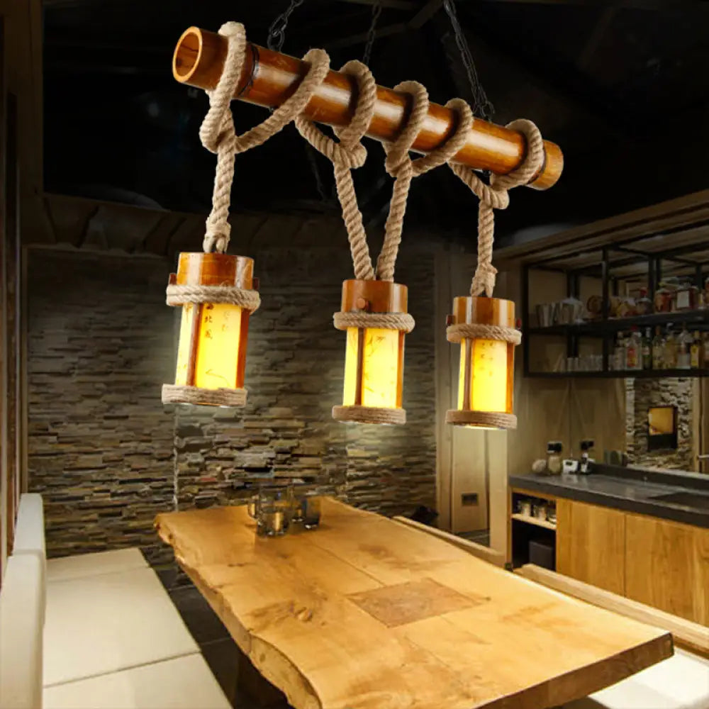 DecorBites™ Rustic Bamboo Island Triple Light Ceiling Lamp with Hanging Rope
