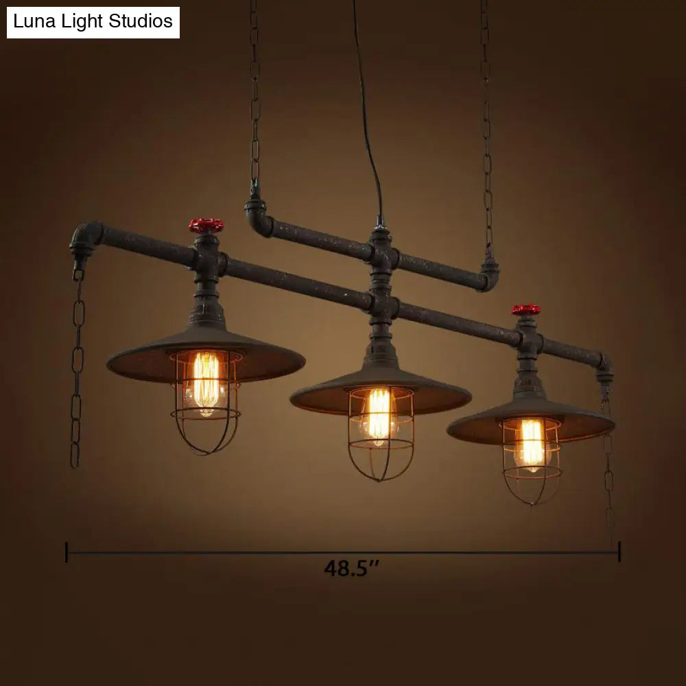DecorBites™ Rustic Cone Island Pendant Light with Wire Frame, Pipe and 3 Bulbs - Dark Rust Iron Hanging Island Light