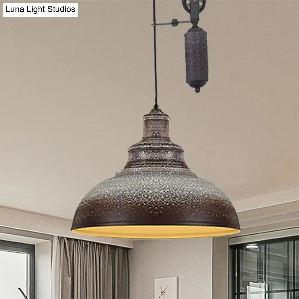 Rustic industrial copper dome pendant with pulley living room light