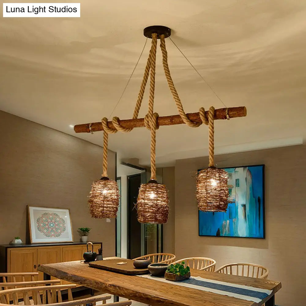 DecorBites™ Rustic Rattan Woven Island Pendant – 3-Bulb Dining Room Hanging Light Fixture in Wood