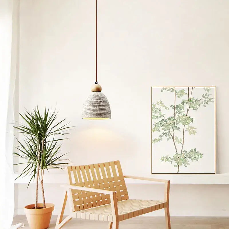 Rustic white concrete cement pendant light dining room wood detail