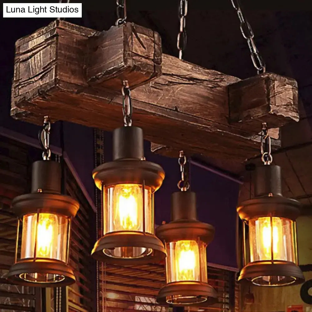 Rustic wood and brown 4 light glass lantern fixture dining room 120v