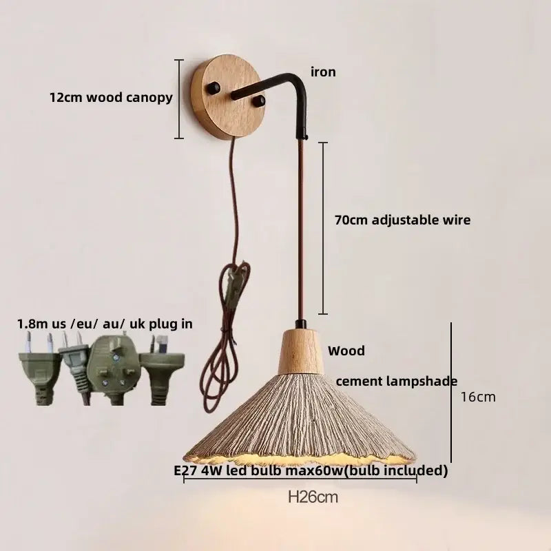 Rustic wood and gray wall light fixture bedroom sconce with pull chain