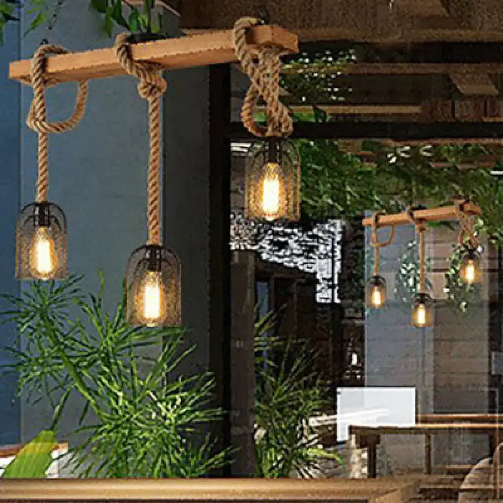 Rustic wood and metal mesh bell pendant light dining room chandelier