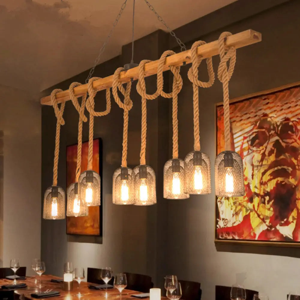 DecorBites™ Rustic Wooden Linear Island Lamp with Mesh Cage - Suspension Pendant Light for Restaurants