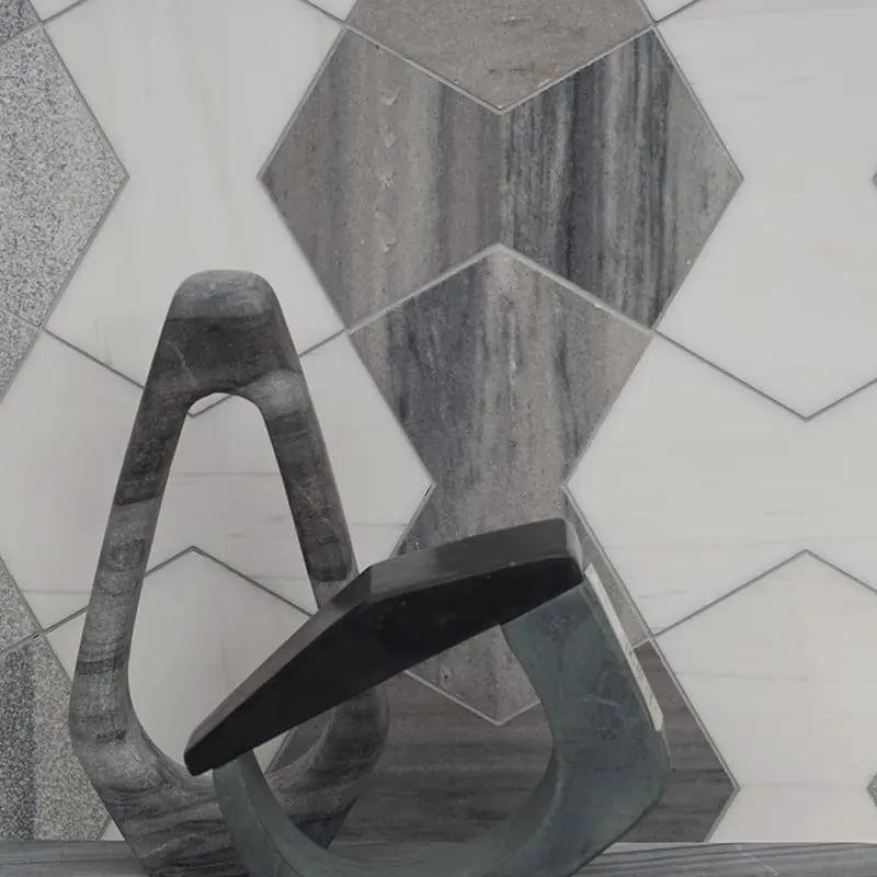Silver Sky, Bianco Dolomite Multi Finish Cravat Marble Wall Decos 4 3/4x7 15/32