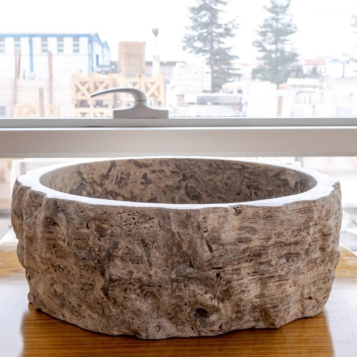 Round Travertine Stone Vessel Sink With Hand Chiseled Honed Edge