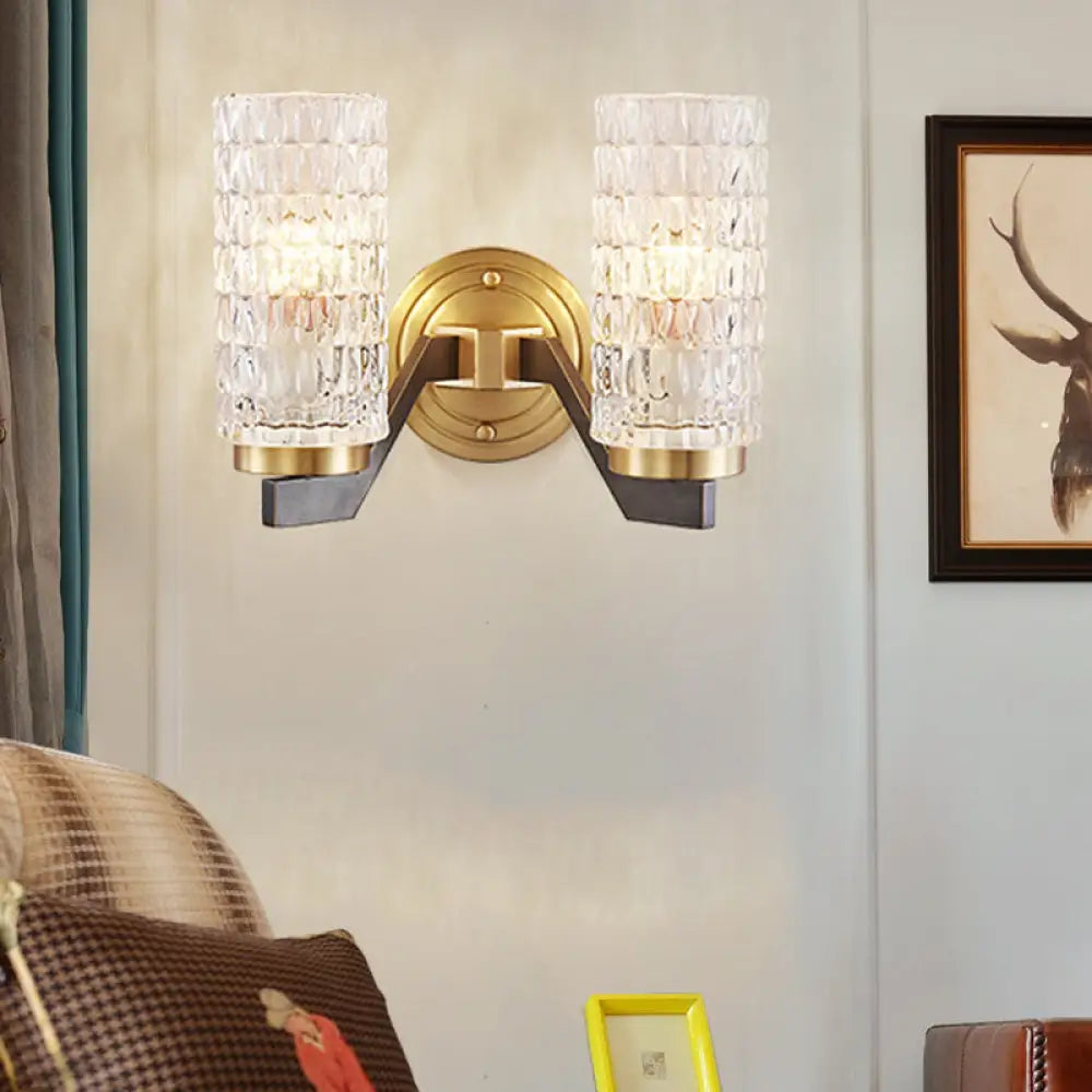 DecorBites™ Simplicity Crystal Flush Wall Sconce with 2 Lights - Brass Bedside Fixture