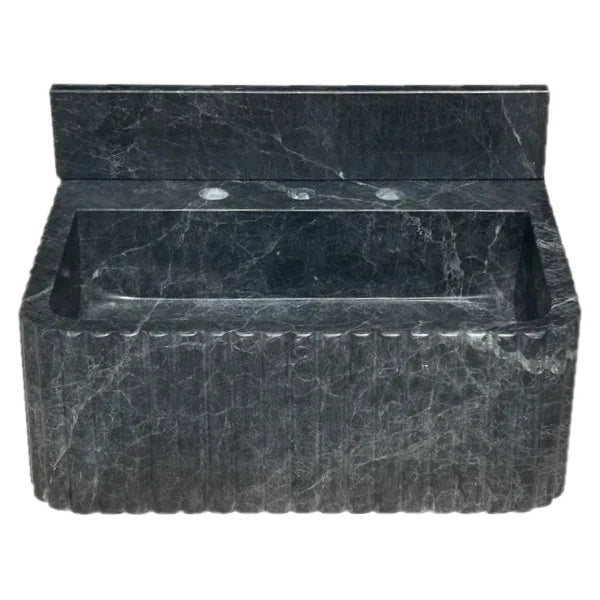 Black Marble Wall Mount Bathroom Sink Ribbed Design With 4 Inch Stone Backsplash