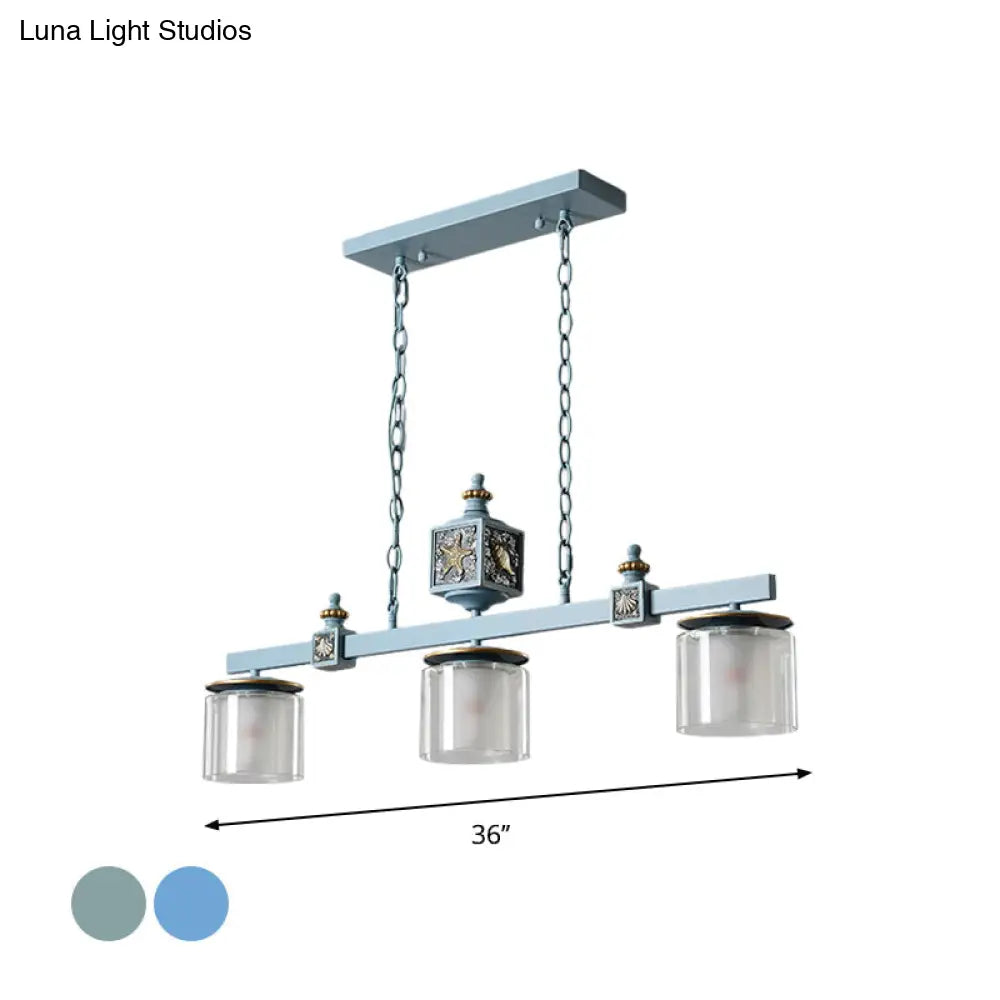 DecorBites™ Sky Blue Dual Cylinder Parlor Island Pendant Lamp with Clear and Frosted Glass - 3 Bulbs