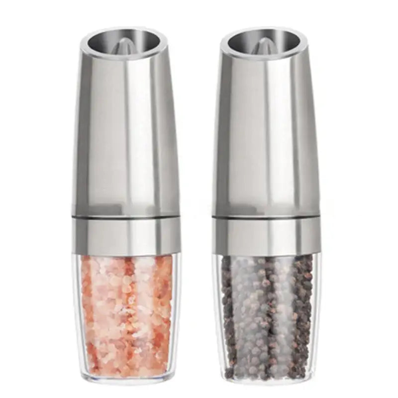 Sleek silver electric pepper and salt grinder set for kitchen
