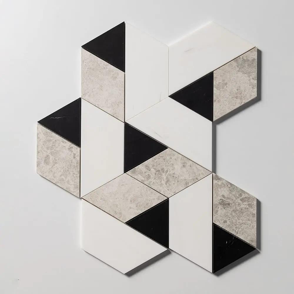 Snow White, Black, Silver Shadow Honed Prismatic Blend Marble Mosaics 8x9 1/16