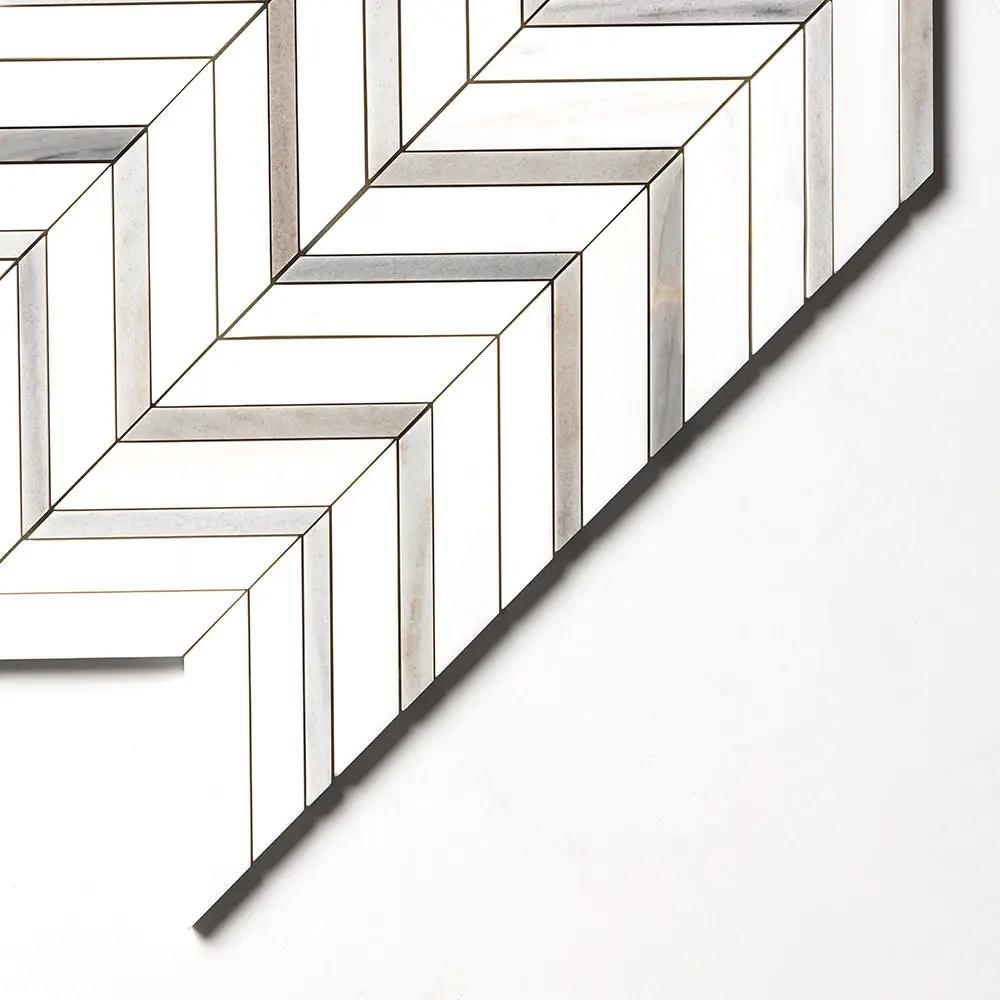 Snow White, Skyline Polished Chevron Fusion Waterjet Marble Mosaics 16x11 7/8
