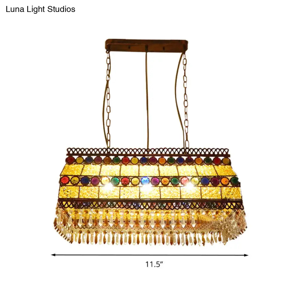 DecorBites™ Southeast Asian Crystal Drop Rectangle Living Room Pendant Light with 3 Yellow Island Heads