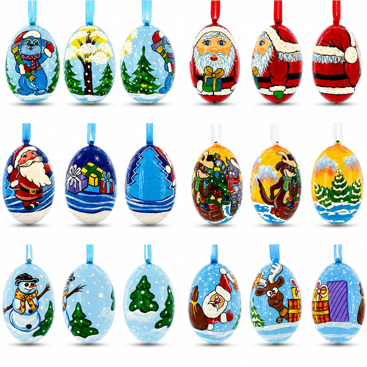6 Santa, Snowman, Reindeer, Cat and Dog Wooden Christmas Ornaments 3 Inches
