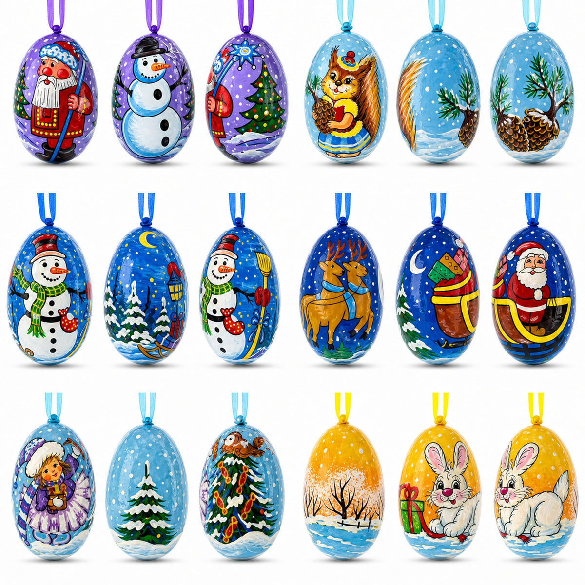 Santa, Snowman, Bunny, Squirrel and Girl Wooden Christmas Ornaments 3 Inches