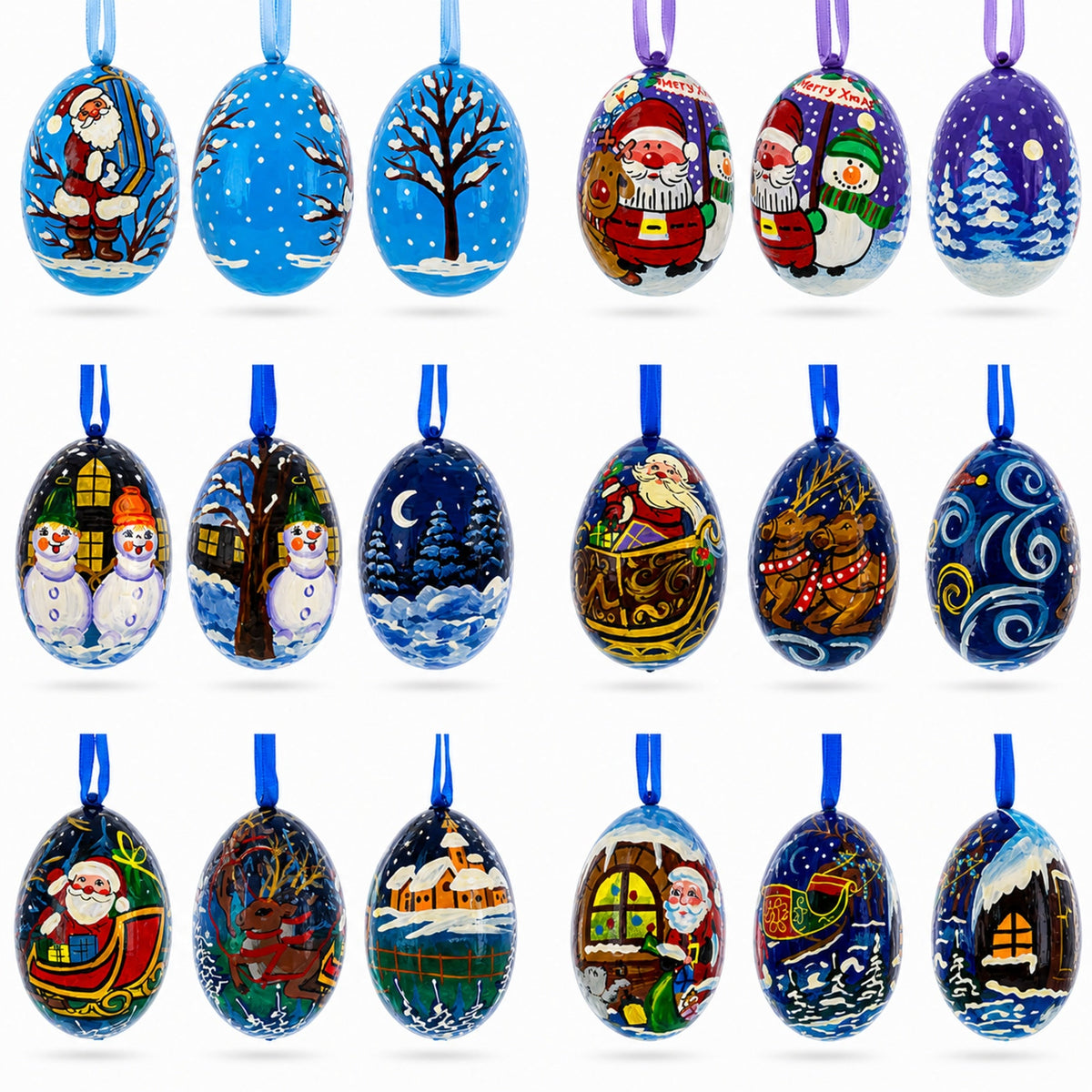 Santa, Snowman and Reindeer Delivering Gifts Wooden Christmas Ornaments 3 Inches