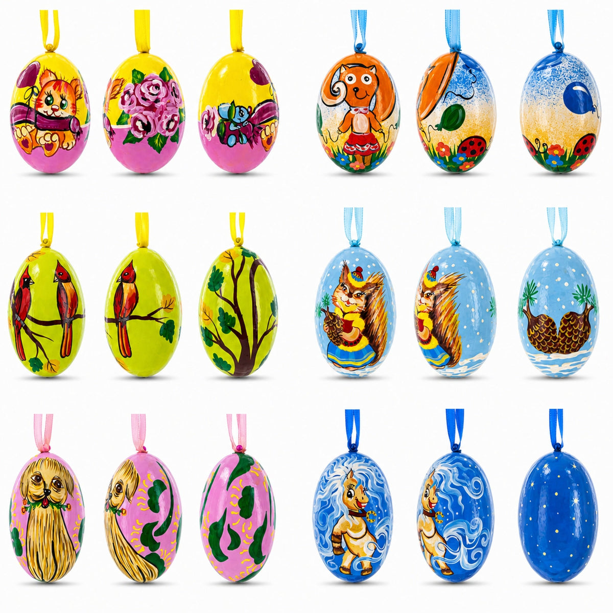 Set of 6, Dog, Cat, Cardinals Birds Wooden Christmas Ornaments 3 Inches