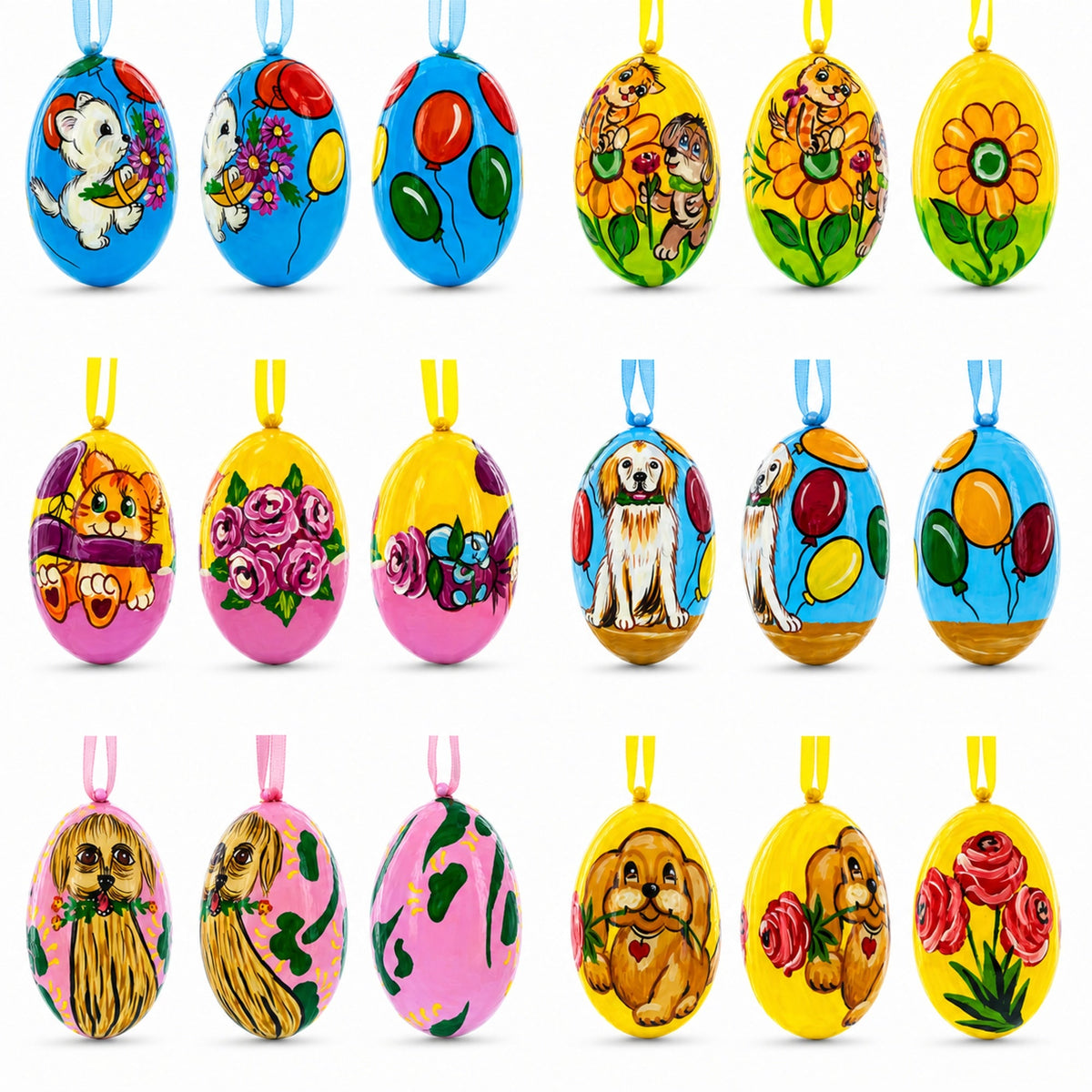 Set of 6- Cats and Dogs Wooden Easter Wooden Christmas Ornaments3 Inches