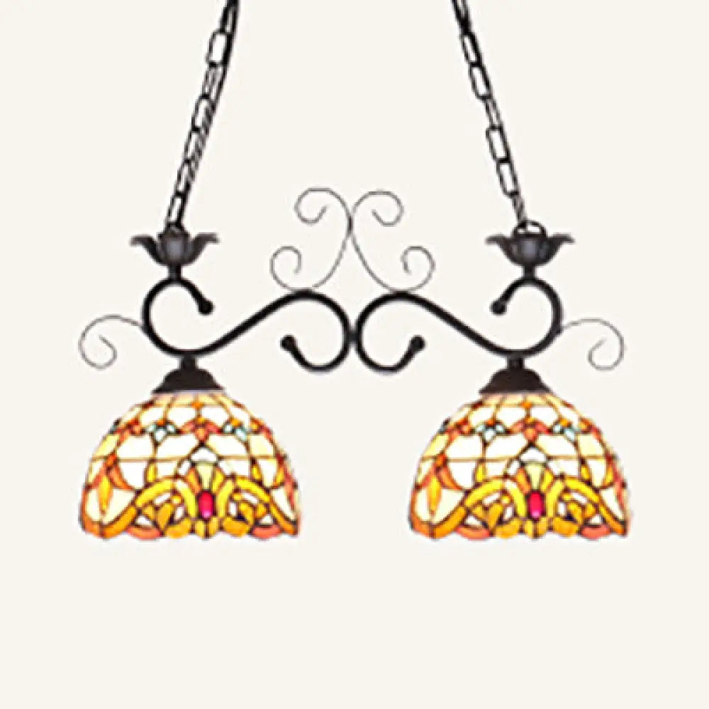 DecorBites™ Stainless Glass Pendant Light - Tiffany Style - 2 Lights - Black Finish - Island Lighting Fixture - Sunflower/Baroque Pattern