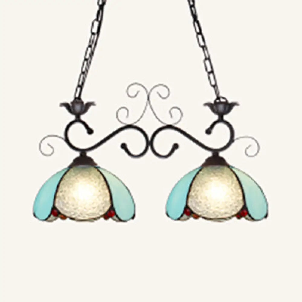DecorBites™ Stylish Tiffany Island Pendant Light with Blue Scalloped Shade and Stainless Glass - Perfect for Dining Room