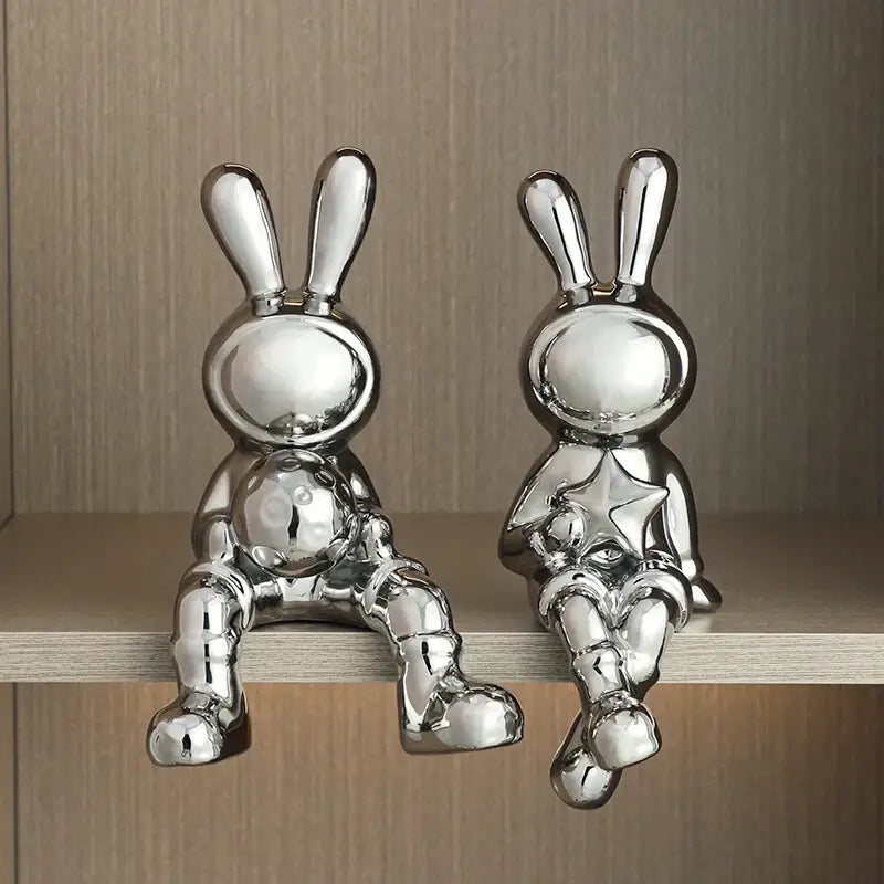 Stylized gold ceramic rabbit sculpture set living room decor
