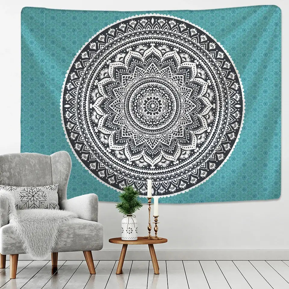 Teal black & white bohemian mandala wall hanging bedroom decor