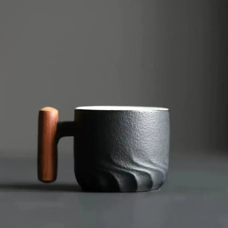 Teal gradient & black ceramic coffee cup kitchen mug with wood handle