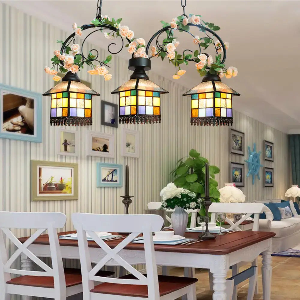 Tiffany style blue & clear stained glass island light balcony lamp