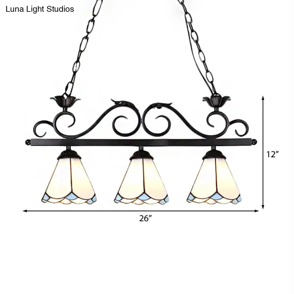 DecorBites™ Tiffany Style Island Chandelier Light - White Conic Shade Pendant Lamp with Stainless Glass (3 Bulbs)